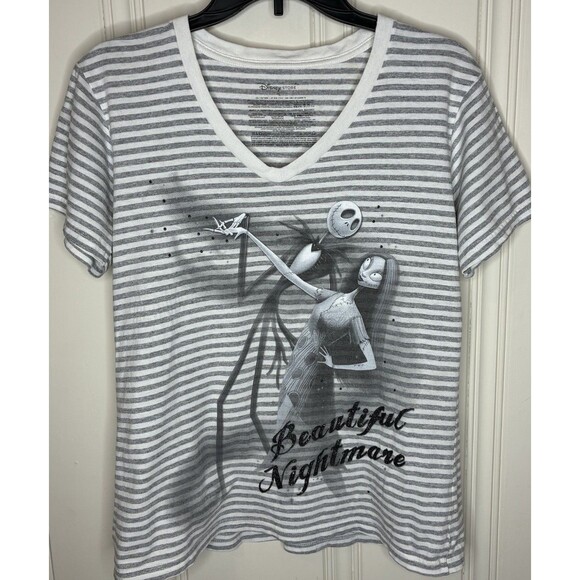 Disney Tops - Disney Striped Womens V-neck T Shirt Sz L Beautiful Nightmare Jack &‎ Sally